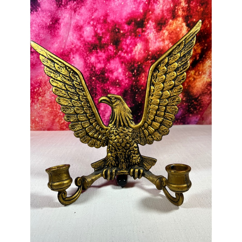 Vintage Gold Cast Metal Eagle Candle Holder 2 Cup Candelabra Americana 707 11in